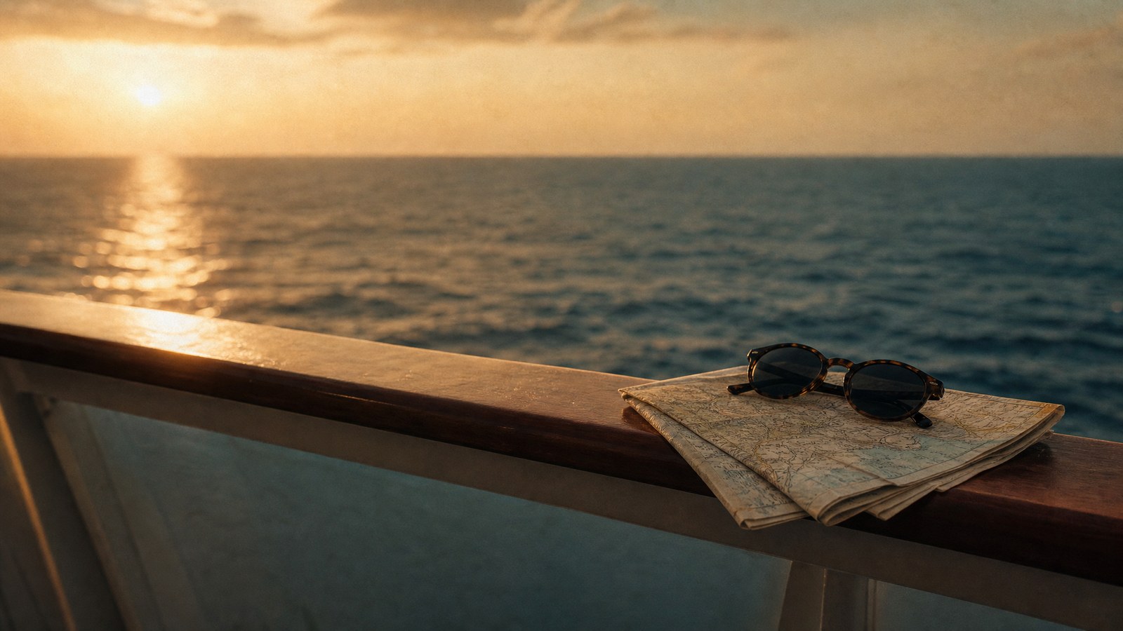 Varanda de navio de cruzeiro ao pôr do sol, com o mar aberto e um mapa apoiado no corrimão
