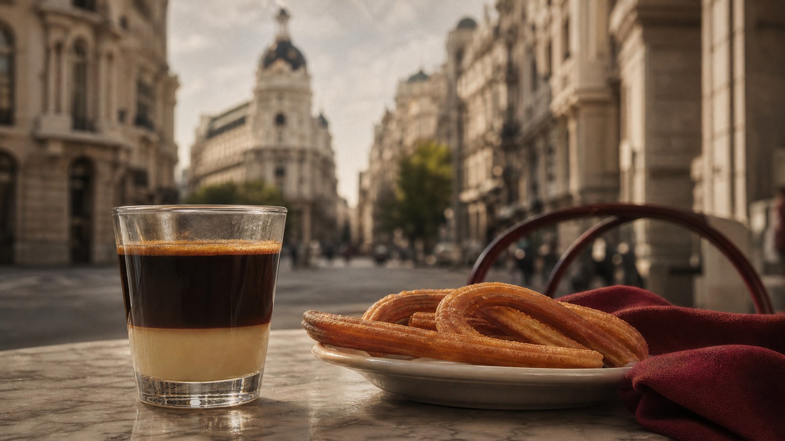Copo de café bombón com as camadas de leite condensado e expresso ao lado de um prato de churros, com a Gran Vía desfocada ao fundo