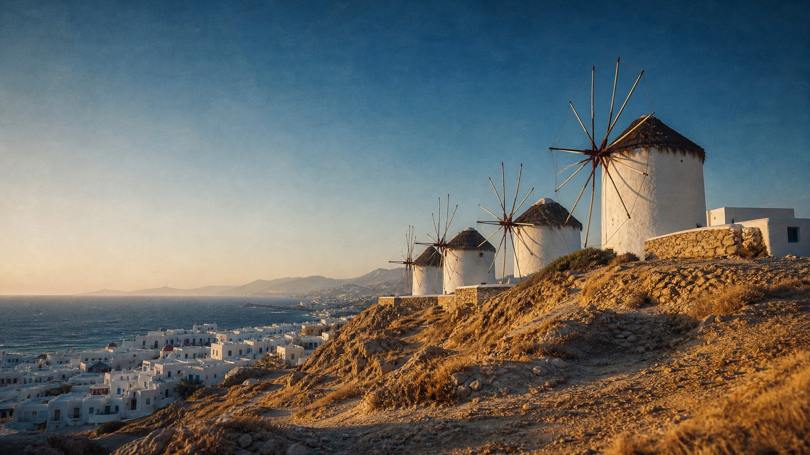 Os moinhos brancos de Mykonos no alto da colina, com a vila branca e o mar Egeu ao fundo, no fim da tarde