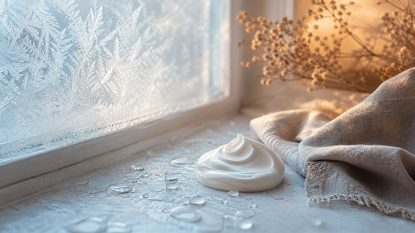 Creme hidratante e gotas de água num parapeito claro ao lado de uma janela coberta de gelo, com luz quente entrando