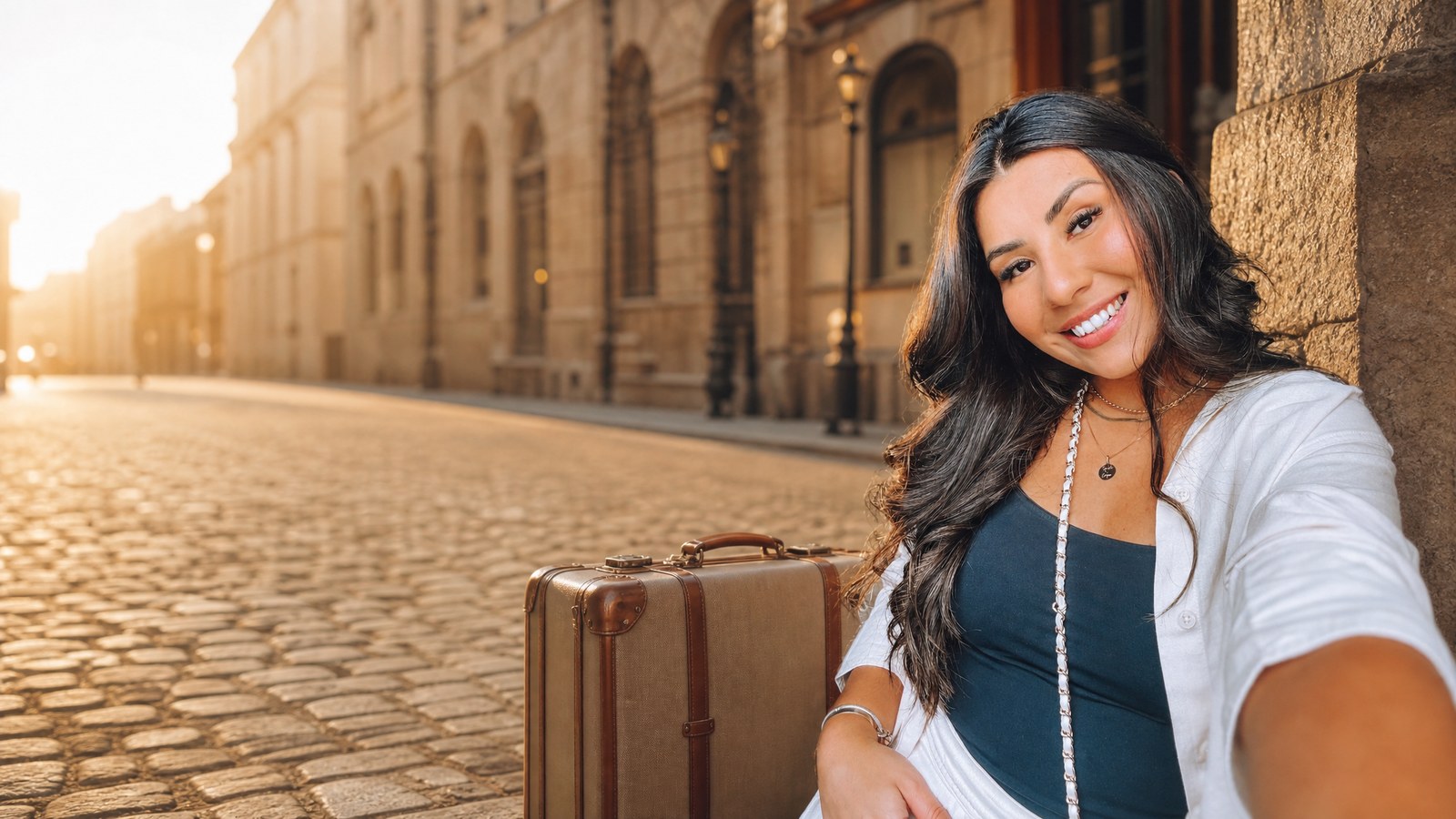 Karol Barbosa sorrindo ao lado de uma mala numa rua de pedras de uma cidade europeia, ao pôr do sol